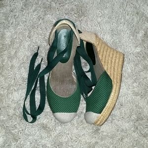 Green and Tan Pock a Dot Wedge Platform Espadrille